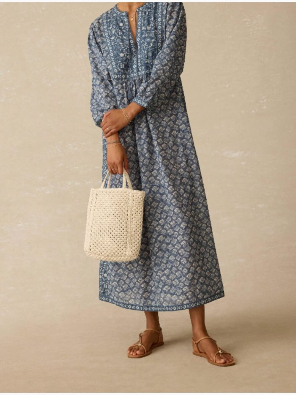 NWT XS Faherty Indigo Blue vintage-inspired print organic cotton maxi dress